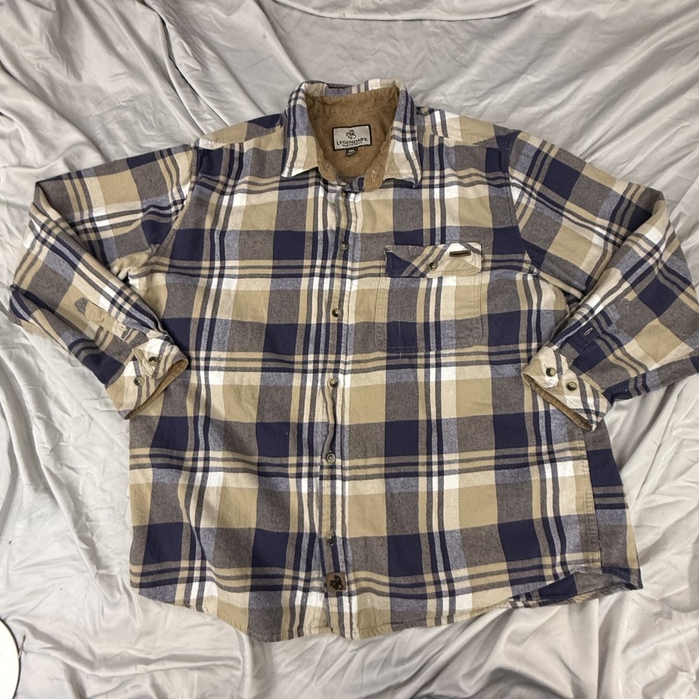 Legendary Whitetails Shirt Mens 2XL Blue Tan Plaid Flannel Button Up Casual